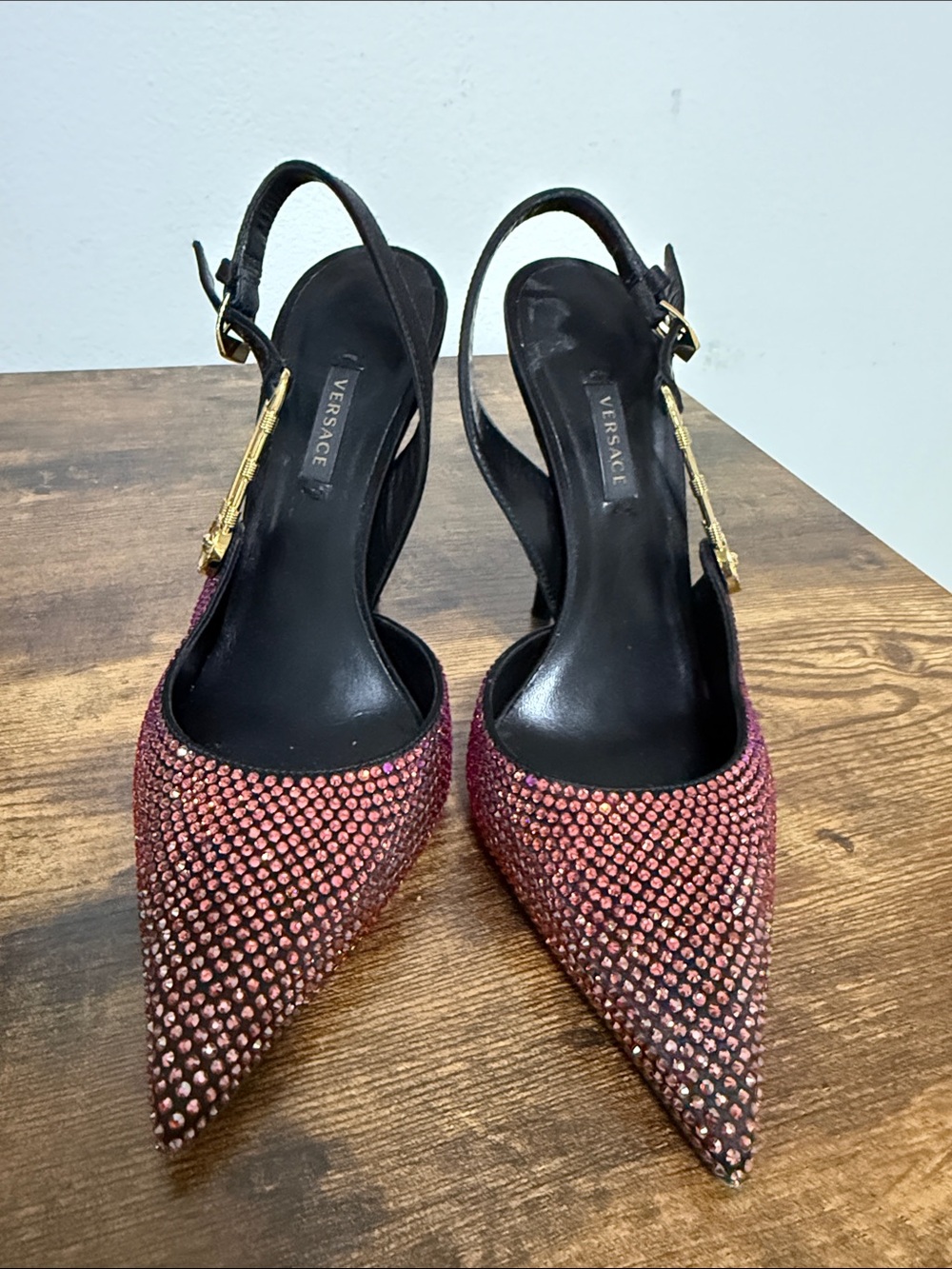 Versace Pink Crystal Pointed Slingback Heels with Gold Hardware